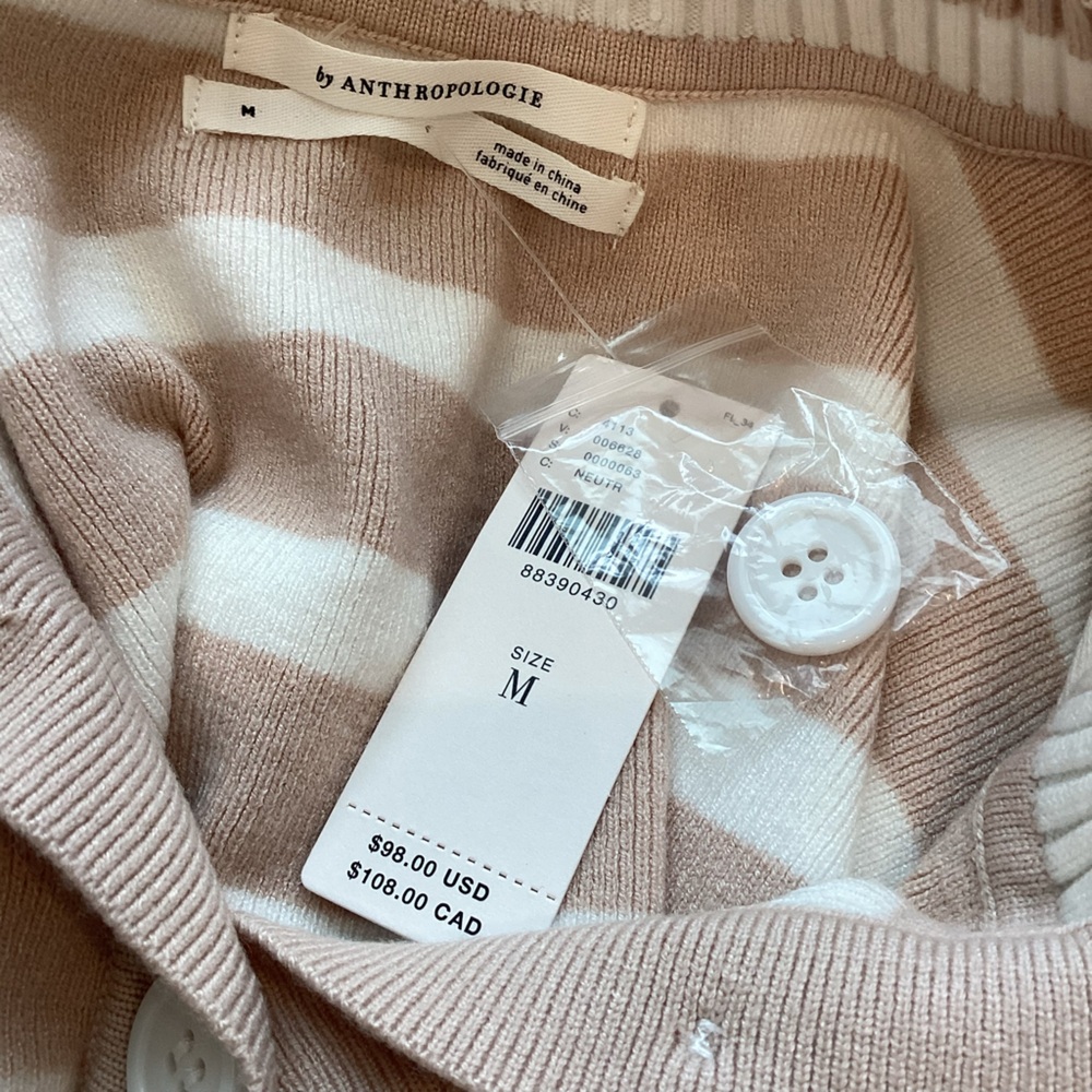 Anthropologie Collared Short Sleeve Sweater Tee Striped Tan White Medium NEW - Picture 10 of 12